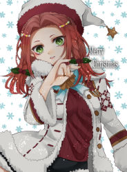 Rule 34 | 1girl, bad id, bad pixiv id, braid, eleanor hume, green eyes, hat, highres, looking at viewer, merry christmas, mistletoe, official alternate costume, red hair, red sweater, shigemori 0514, solo, sweater, tales of (series), tales of berseria, white hat