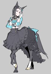 Rule 34 | 1girl, absurdres, animal ears, apron, ascot, black hair, black skirt, blue ascot, blue bow, blue eyes, blue jacket, bow, braid, braided bun, buttons, centaur, closed mouth, frilled apron, frilled ascot, frilled skirt, frills, gloves, grey apron, grey background, hair bun, hand on own elbow, high-low skirt, highres, horse ears, jacket, limited palette, looking at viewer, mejiro ramonu (umamusume), mole, mole under eye, multicolored hair, open clothes, open jacket, shirt, shoulder strap, single hair bun, skirt, solo, streaked hair, tail, tail bow, tail ornament, takatsuki nato, taur, umamusume, white gloves, white shirt