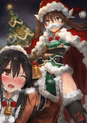 Rule 34 | 2girls, ;o, all fours, animal costume, bell, black gloves, black hair, black legwear, blush, bow, bowtie, breasts, brown eyes, brown hair, cape, chikuma (kancolle), christmas tree, collared dress, commentary request, crossed arms, dress, elbow gloves, fake facial hair, fake mustache, fur-trimmed cape, fur-trimmed legwear, fur trim, gloves, green dress, hair between eyes, hat, highres, kantai collection, long hair, looking away, looking up, medium breasts, multiple girls, night, night sky, one eye closed, open mouth, pelvic curtain, red cape, red hat, red neckwear, reindeer costume, saddle, sanpaku, santa costume, santa hat, short sleeves, sidelocks, signature, single elbow glove, sky, star (symbol), thighhighs, thighs, toka (marchlizard), tone (kancolle), twintails