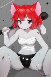 Rule 34 | 1girl, absurdres, animal ears, bandages, black buruma, blood, body fur, borrowed character, breasts, brown eyes, buruma, cat ears, cat girl, cat tail, club (weapon), delinquent, fang, female focus, furry, furry female, grey background, grin, highres, holding, holding weapon, injury, medium breasts, methynecros, mismatched pupils, navel, original, red hair, sarashi, signature, sitting, smile, solo, star-shaped pupils, star (symbol), symbol-shaped pupils, tail, weapon, white fur