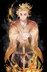 Rule 34 | 1boy, black background, colored tips, extra ears, fire, floating hair, forked eyebrows, hands on hilt, highres, japanese clothes, katana, kimetsu no yaiba, kimono, light particles, long sleeves, looking at viewer, male focus, multicolored hair, orange eyes, outstretched arms, own hands together, oyumai, ponytail, red hair, rengoku kyoujurou, sash, simple background, smile, solo, straight-on, streaked hair, sword, v arms, weapon, wide sleeves