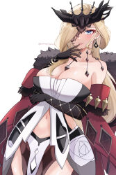 Rule 34 | 1girl, absurdres, bare shoulders, black gloves, blonde hair, blue eyes, breasts, cleavage, commentary, cowboy shot, detached sleeves, dress, genshin impact, gloves, grin, highres, large breasts, long hair, looking at viewer, morimiya (mori), navel, parted lips, pelvic curtain, signora (genshin impact), simple background, smile, solo, standing, strapless, strapless dress, very long hair, white background, white dress