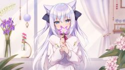 Rule 34 | 1girl, animal ear fluff, animal ears, black bow, blue eyes, bow, capelet, commentary request, dress, flower, hair between eyes, hair bow, hands up, highres, holding, holding flower, long sleeves, looking at viewer, noripro, parted lips, pink flower, puffy long sleeves, puffy sleeves, purple flower, shirayuki mishiro, silver hair, solo, sumisaki yuzuna, two side up, virtual youtuber, white capelet, white dress