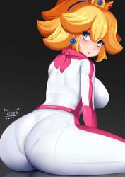 Rule 34 | 1girl, ass, biker clothes, bikesuit, blonde hair, blue eyes, blush, bodysuit, breasts, crown, earrings, from behind, frown, highres, huge ass, jewelry, large breasts, long hair, looking at viewer, looking back, mario (series), mario kart, mario kart wii, nintendo, open mouth, pantylines, ponytail, princess peach, shiny clothes, sideboob, sitting, skin tight, solo, tiger1001