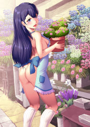 Rule 34 | 10s, 1girl, apron, ass, black hair, blue eyes, breasts, flower pot, from behind, harihisa, hugtto! precure, long hair, looking at viewer, naked apron, open mouth, plant, potted plant, precure, sideboob, socks, solo, standing, yakushiji saaya