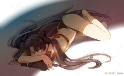 1girl artist_name black_hair chocojax fate/grand_order fate_(series) full_body ishtar_(fate) long_hair looking_to_the_side lying on_stomach red_eyes single_sleeve solo