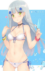 Rule 34 | 1girl, anklet, bare shoulders, bikini, blue hair, blush, braid, breasts, brooch, character name, choker, cleavage, collarbone, cowboy shot, dan (kumadan), feet, food, front-tie bikini top, front-tie top, full body, girls&#039; frontline, gluteal fold, green eyes, halterneck, hands up, high heels, hk416 (girls&#039; frontline), holding, holding food, jewelry, light smile, long hair, looking at viewer, medium breasts, multi-strapped bikini, nail polish, navel, parted lips, popsicle, revision, sandals, scrunchie, shoes, side-tie bikini bottom, side braid, signature, solo, standing, string bikini, swimsuit, toeless footwear, toenail polish, toenails, toes, wedge heels, white bikini, wrist scrunchie, wristband