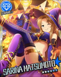 Rule 34 | 10s, 1girl, adjusting clothes, adjusting headwear, anklet, blue eyes, bracelet, breasts, brown hair, elbow gloves, gloves, hat, idolmaster, idolmaster cinderella girls, jack-o&#039;-lantern, jewelry, large breasts, long hair, matsumoto sarina, midriff, official art, one eye closed, smile, solo, thighhighs, underboob, witch hat