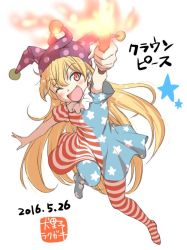 Rule 34 | 10s, 1girl, 2016, ;d, ahoge, american flag dress, american flag legwear, american flag shirt, armpit peek, blonde hair, clownpiece, collar, dated, dress, eyebrows, frilled collar, frills, full body, hat, inuno rakugaki, jester cap, long hair, neck ruff, one eye closed, open mouth, pantyhose, polka dot headwear, red eyes, short sleeves, simple background, smile, solo, star (symbol), striped clothes, striped pantyhose, torch, touhou, very long hair, white background