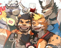 Rule 34 | 4boys, :d, alca (wakatanka4), alca the lion, animal ears, bara, beard, beenic, black hair, cup, dog boy, dog ears, drinking glass, facial hair, fiery headphones, finger gun, furry, furry male, grey fur, gyee, hand on another&#039;s chin, jaguar boy, lion boy, lion ears, looking at viewer, mature male, multiple boys, muscular, muscular male, open mouth, original, pectoral cleavage, pectorals, romg, romg the jaguar, salute, second-party source, short hair, smile, thick eyebrows, toseii, two-finger salute, upper body, uutiger, wine glass