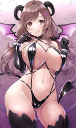 Rule 34 | 1girl, bangle, black gloves, black one-piece swimsuit, black thighhighs, blush, bracelet, breasts, brown eyes, brown hair, cameltoe, collar, commentary, cowboy shot, curled horns, demon girl, demon horns, demon tail, demon wings, dot nose, elbow gloves, glint, gloves, gluteal fold, gradient background, groin, hands up, highres, horns, idolmaster, idolmaster shiny colors, jewelry, large breasts, licking lips, long hair, looking at viewer, naughty face, navel, o-ring, o-ring swimsuit, one-piece swimsuit, parted bangs, purple background, raised eyebrows, solo, swimsuit, tail, thighhighs, thighs, tongue, tongue out, tsukioka kogane, urabi (tomatohouse), wings