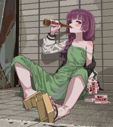 Rule 34 | 1girl, alcohol carton, armpit crease, baiyuu, beer bottle, black jacket, black nails, blunt bangs, blush, bocchi the rock!, braid, braided ponytail, breasts, collarbone, dress, eyelashes, feet, foreshortening, full body, geta, green dress, hair over shoulder, hand up, highres, hiroi kikuri, holding, holding carton, jacket, knees up, looking at viewer, low-braided long hair, low-tied long hair, multicolored clothes, multicolored jacket, nail polish, off shoulder, on ground, open clothes, open jacket, outdoors, pixel art, purple eyes, purple hair, sandals, shadow, sitting, sleeveless, sleeveless dress, small breasts, solo, strap slip, toenail polish, toenails, toes, white jacket