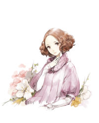 Rule 34 | 10s, 1girl, absurdres, baiguiyu, brown eyes, brown hair, commentary request, flower, hand to throat, highres, layered sleeves, okumura haru, persona, persona 5, pink sweater, ribbed sweater, simple background, solo, sweater, white background