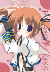 Rule 34 | 00s, 1girl, blush, brooch, brown hair, embarrassed, fingerless gloves, flat chest, gloves, hair ribbon, hairdressing, jacket, jewelry, lyrical nanoha, magic circle, magical girl, mahou shoujo lyrical nanoha, mahou shoujo lyrical nanoha a&#039;s, mouth hold, no bra, open clothes, purple eyes, red hair, ribbon, short twintails, solo, takamachi nanoha, twintails
