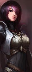 Rule 34 | 1girl, armor, black hair, blue eyes, bodysuit, breastplate, breasts, fiora (league of legends), hair over one eye, highres, league of legends, lips, multicolored hair, pink hair, short hair, smile, solo, yy6242
