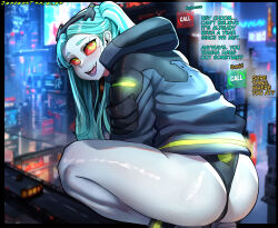 Rule 34 | 1boy, 1girl, ass, ass focus, bare legs, black panties, blue skin, butt crack, city, colored sclera, colored skin, cyberpunk (series), cyberpunk edgerunners, english text, green hair, highres, huge ass, jacket, jerbeartraveler, long hair, looking at another, looking at viewer, looking back, panties, rebecca (cyberpunk), red sclera, revealing clothes, shoes, skindentation, smile, sneakers, solo, squatting, tattoo, thong, trembling, twintails, underwear, wide hips, yellow eyes