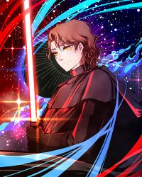 Rule 34 | 1boy, action, anakin skywalker, animification, black cape, brown hair, cape, darth vader, energy sword, hair behind ear, holding, holding sword, holding weapon, lightsaber, looking down, male focus, scar, scar across eye, scar on face, sith, smile, solo, space, sparkle, star wars, star wars: revenge of the sith, suzukac, sword, weapon, yellow eyes