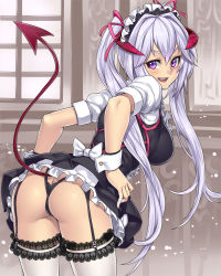 Rule 34 | 1girl, ass, bent over, breasts, butt crack, clothing cutout, demon girl, demon maid (houtengeki), demon tail, devil girl, garter straps, horns, houtengeki, large breasts, leaning forward, light purple hair, long hair, looking back, maid, maid headdress, original, panties, purple eyes, smile, solo, tail, tail through clothes, thighhighs, thong, twintails, underwear, white thighhighs, wrist cuffs