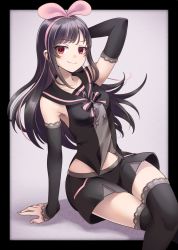 Rule 34 | 1girl, abiko yuuji, alternate color, alternate costume, arm at side, arm behind head, arm up, bare shoulders, black ai, black border, black gloves, black hair, black ribbon, black sailor collar, black shorts, black thighhighs, border, breasts, closed eyes, closed mouth, collarbone, commentary request, dark persona, feet out of frame, fingernails, gloves, hair ribbon, hairband, highres, kizuna ai, kizuna ai inc., lips, long hair, looking at viewer, medium breasts, multicolored hair, outside border, pink hair, pink hairband, pink ribbon, red eyes, ribbon, sailor collar, shirt, shorts, sidelocks, sitting, sleeveless, sleeveless shirt, smile, solo, streaked hair, thighhighs, virtual youtuber