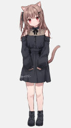 Rule 34 | 1girl, animal ears, bare shoulders, black bow, black dress, black footwear, black ribbon, blush, bow, brown hair, cat ears, cat girl, cat tail, closed mouth, commentary request, dress, full body, grey background, hair bow, hair ornament, hair ribbon, hairclip, highres, long hair, long sleeves, nina (yumoran), one side up, original, puffy long sleeves, puffy sleeves, red eyes, ribbon, shoes, simple background, sleeves past wrists, solo, standing, tail, twitter username, yumoran