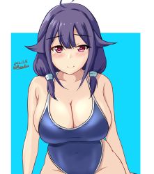 Rule 34 | 1girl, ahoge, alternate costume, arms at sides, blue background, blue one-piece swimsuit, breasts, cleavage, collarbone, competition school swimsuit, competition swimsuit, covered navel, hair between eyes, hair flaps, highres, kantai collection, large breasts, looking at viewer, low twintails, montemasa, one-piece swimsuit, outside border, purple hair, red eyes, school swimsuit, smile, solo, swimsuit, taigei (kancolle), twintails, white background