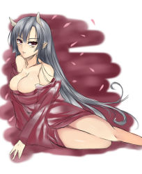 Rule 34 | 1girl, bad id, bad pixiv id, bare shoulders, breasts, bursting breasts, cherry blossoms, cleavage, horns, large breasts, long hair, lying, on side, original, pointy ears, red eyes, silver hair, solo, very long hair, watanuki kaname