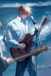 Rule 34 | 1boy, acoustic guitar, blonde hair, blue eyes, blurry, blush, cable, collared shirt, dated, day, denim, depth of field, earphones, feet out of frame, guitar, highres, instrument, jeans, kagamine len, light smile, long sleeves, looking away, looking down, male focus, microphone stand, music, out of frame, oversized clothes, oversized shirt, pants, playing instrument, ponytail, profile, s.ansel, shirt, signature, solo focus, standing, sunlight, sweat, vocaloid, waves, white shirt
