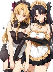 Rule 34 | 2girls, adapted costume, alternate costume, apron, bare shoulders, black gloves, black hair, blonde hair, blush, breasts, cleavage, cleavage cutout, clothing cutout, dated, detached collar, earrings, elbow gloves, enmaided, ereshkigal (fate), fate/grand order, fate (series), frills, gloves, hair ribbon, highres, holding own arm, hoop earrings, ishtar (fate), jewelry, large breasts, lips, long hair, looking at viewer, maid, maid headdress, multiple girls, o-ring, orange eyes, parted bangs, parted lips, ribbon, siblings, signature, single glove, single thighhigh, sisters, skirt, skull, spine, thighhighs, two side up, waist apron, yd (orange maru)