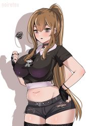 Rule 34 | 1girl, breasts, brown hair, goth fashion, hand on own hip, highres, large breasts, long hair, navel, noiretox, onegai my melody, plump, ponytail, sanrio, short shorts, shorts, solo, thick thighs, thighs, torn clothes, white background