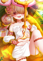 1girl a4_takahashi armlet bare_shoulders blush bracelet breasts cleavage collarbone duel_monster flower front-tie_top hair_over_one_eye highres jewelry large_breasts long_hair looking_at_viewer lying midriff monster_girl multicolored_hair nectar on_back open_mouth pink_flower plant plant_girl pointy_ears red_eyes sarong shade shaded_face smile solo traptrix_pinguicula two-tone_hair very_long_hair yu-gi-oh!