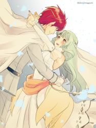 Rule 34 | 1boy, 1girl, blue hair, blush, bride, cape, circlet, dress, eliwood (fire emblem), fire emblem, fire emblem: the blazing blade, fire emblem heroes, from side, gloves, highres, long hair, long sleeves, ninian, nintendo, nishimura (nianiamu), one-hour drawing challenge, open mouth, petals, red eyes, red hair, short hair, simple background, sleeveless, sleeveless dress, twitter username, wedding dress, white cape, white dress, white gloves