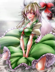 Rule 34 | 1girl, :p, bad id, bad pixiv id, breasts, ex-keine, female focus, gradient background, highres, horn ornament, horn ribbon, horns, kamishirasawa keine, long hair, ninopal, red eyes, ribbon, solo, tail, tongue, tongue out, touhou