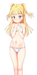 Rule 34 | 1girl, bare arms, bare shoulders, bikini, blonde hair, blush, brown eyes, closed mouth, collarbone, commentary request, feet out of frame, hands up, highres, idolmaster, idolmaster cinderella girls, jougasaki rika, long hair, looking at viewer, navel, simple background, smile, solo, standing, swimsuit, testa, two side up, white background, white bikini