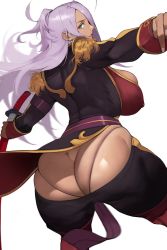 Rule 34 | 1girl, absurdres, ass, back, breasts, butt crack, clothes, dark-skinned female, dark skin, dragonaut, female focus, garnet maclaine, garnet mclane, green eyes, highres, holding, holding weapon, huge ass, huge breasts, katana, light purple hair, long hair, long sleeves, looking at viewer, looking back, mature female, panties, ponytail, purple hair, purple panties, revealing clothes, simple background, solo, string panties, sword, thong, underwear, weapon, white background, yoshio (55level)