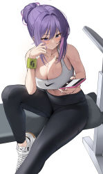 Rule 34 | 1girl, bad id, bad twitter id, black leggings, black pants, blue eyes, blush, borrowed character, breasts, butterfly tattoo, cellphone, chest tattoo, cleavage, collarbone, highres, holding, holding phone, k pring, large breasts, leggings, looking at phone, looking down, midriff, navel, nike (company), original, pants, phone, playing with own hair, shoes, sidelocks, simple background, sitting, sneakers, solo, sports bra, sportswear, sweat, tattoo, white background, white footwear, yoga pants, yuna (biya (1024))