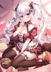Rule 34 | 1girl, between legs, blurry, blurry background, blush, bow, braid, breasts, brown bow, brown thighhighs, candy, chocolate, chocolate heart, cleavage, commentary request, depth of field, diagonal-striped bow, finger to mouth, food, frilled skirt, frills, hair between eyes, hair bow, hair ornament, hand between legs, hand up, heart, heart hair ornament, large breasts, long hair, mitsuba choco, original, plaid, plaid shirt, plaid skirt, pleated skirt, puffy short sleeves, puffy sleeves, red eyes, red shirt, red skirt, shirt, short sleeves, sitting, skirt, solo, thighhighs, twin braids, twintails, very long hair, wariza, white hair