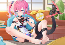 Rule 34 | 1girl, bare shoulders, barefoot, black gloves, blue eyes, blue hair, blue nails, closed mouth, controller, couch, dress, feet, full body, game controller, gamepad, gloves, hair between eyes, highres, holding, holding controller, holding game controller, homu (honkai impact), honkai (series), honkai impact 3rd, indoors, legs, multicolored hair, nail polish, pink hair, rozaliya olenyeva, rozaliya olenyeva (fervent tempo), single glove, sitting, soles, solo, streaked hair, tail, tail around own leg, toenail polish, toenails, toes, twintails, white dress, wood cube