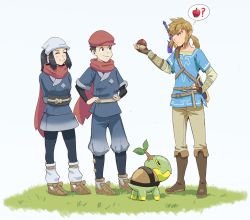 Rule 34 | 1girl, 2boys, akari (pokemon), blonde hair, blue eyes, blue hair, creatures (company), crossover, floating scarf, francisco mon, game freak, gloves, hair ornament, hand on own hip, hands on own hips, hat, head scarf, highres, hylian shield, link, long hair, multiple boys, nintendo, open mouth, pointy ears, poke ball, poke ball (legends), pokemon, pokemon (creature), pokemon legends: arceus, red scarf, rei (pokemon), scarf, scarf over mouth, shield, short male, smile, the legend of zelda, the legend of zelda: breath of the wild, undershirt, weapon, weapon on back