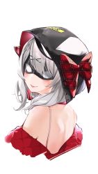 Rule 34 | 1girl, back, blush, bow, closed mouth, commentary request, cropped torso, eye mask, from behind, hair ornament, highres, hololive, holox, hood, hood up, long hair, looking at viewer, off shoulder, plaid, plaid bow, portrait, red bow, sakamata chloe, sakamata chloe (1st costume), silver hair, simple background, smile, solo, virtual youtuber, white background, x hair ornament, yuyaiyaui