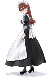 Rule 34 | 1girl, alternate costume, apron, black dress, black footwear, brown eyes, brown hair, commentary request, dress, enmaided, frilled apron, frills, full body, grey legwear, high heels, highres, kantai collection, kujira naoto, long hair, looking at viewer, maid, ooi (kancolle), simple background, skirt hold, solo, standing, white apron, white background