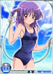 Rule 34 | 1girl, armpits, bare shoulders, blush, breasts, hayate no gotoku!, lowres, smoking pipe, purple hair, red eyes, school swimsuit, segawa izumi, smile, solo, swimsuit, thighs, twintails, water