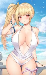 Rule 34 | 1girl, absurdres, armlet, bare shoulders, bikini, blade &amp; soul, blonde hair, breasts, cleavage, collarbone, commission, cowboy shot, gluteal fold, hair ornament, hand up, highres, jirafuru, large breasts, long hair, looking at viewer, parted lips, red eyes, side ponytail, solo, swimsuit, thigh gap, thighs, white bikini