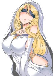 Rule 34 | 10s, 1girl, bare shoulders, blindfold, blonde hair, blush, breasts, bridal gauntlets, dress, eba, goblin slayer!, habit, huge breasts, jewelry, long hair, no bra, no panties, open mouth, saliva, solo, sweat, sword maiden, very long hair, white dress