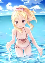 Rule 34 | 10s, 1girl, :d, absurdres, artist name, bikini, blonde hair, blue sky, blush, bow, breasts, brown eyes, cloud, cloudy sky, cowboy shot, dated, day, drill hair, eromanga sensei, front-tie bikini top, front-tie top, hair bow, highres, horizon, leaning forward, lens flare, looking at viewer, neki (wakiko), open mouth, outdoors, outstretched hand, pink bikini, pointy ears, ponytail, ringlets, side-tie bikini bottom, sky, small breasts, smile, solo, sparkle, splashing, string bikini, striped bikini, striped clothes, swimsuit, twin drills, twitter username, wading, yamada elf