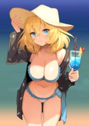 Rule 34 | 1girl, beach, bikini, blonde hair, blue eyes, blue hawaii, breasts, cleavage, cocktail, commentary, cowboy shot, girls und panzer, hat, large breasts, leaning forward, long hair, looking at viewer, oshida (girls und panzer), smile, solo, standing, swimsuit, tan (inka), tropical drink, white bikini