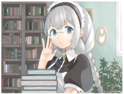 Rule 34 | 1girl, adjusting eyewear, artist name, bespectacled, binchou maguro, black dress, blue eyes, book, book stack, bookshelf, braid, commentary, dress, framed image, glasses, grey hair, hand up, holding, holding book, indoors, kizuna akari, long hair, looking at viewer, maid, maid headdress, parted lips, plant, puffy sleeves, short sleeves, upper body, vocaloid, voiceroid, window