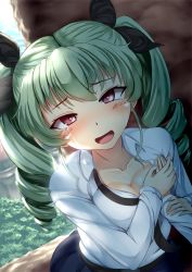 Rule 34 | 10s, 2girls, anchovy (girls und panzer), belt, black necktie, black skirt, blush, grabbing another&#039;s breast, breasts, cleavage, dress shirt, drill hair, girls und panzer, grabbing, green hair, guided breast grab, guiding hand, hair ribbon, hands on another&#039;s chest, long hair, long sleeves, looking at viewer, medium breasts, miniskirt, multiple girls, necktie, open clothes, open mouth, open shirt, out of frame, pepperoni (girls und panzer), pleated skirt, red eyes, ribbon, school uniform, shirt, skirt, smile, standing, tears, twin drills, twintails, untied, white shirt, yottin, yuri