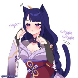 Rule 34 | 1girl, animal ears, blush, braid, breasts, cat ears, cat tail, cleavage, embarrassed, english text, fingerless gloves, genshin impact, gloves, highres, japanese clothes, kimono, mikumoreau, paw pose, purple eyes, purple hair, raiden shogun, simple background, tail, white background