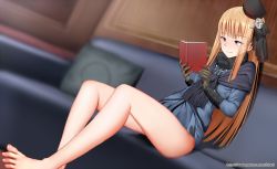 Rule 34 | 1girl, barefoot, blonde hair, blue eyes, blush, couch, fate/grand order, fate (series), feet, hat, long hair, lord el-melloi ii case files, reading, reines el-melloi archisorte, sitting, smile, toes