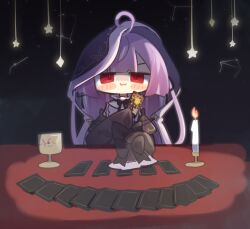 Rule 34 | 1girl, :3, ahoge, black bow, black bowtie, black dress, blunt bangs, bow, bowtie, candle, chalice, chibi, closed mouth, commentary, constellation, cup, dress, gemini (constellation), grey hair, hatuho 1223, libra (constellation), long hair, looking at viewer, medium bangs, multicolored hair, nanashi inc., official alternate costume, purple hair, red eyes, shisui kiki, shisui kiki (2nd costume), sleeve bow, sleeves past fingers, sleeves past wrists, smile, solo, star (symbol), streaked hair, table, tarot, tarot (card), two-tone hair, upper body, very long hair, virtual youtuber